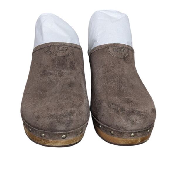 UGG Australia Abbie Clogs Mules Dark Brown Suede Wooden Platform 9 - Picture 3 of 11